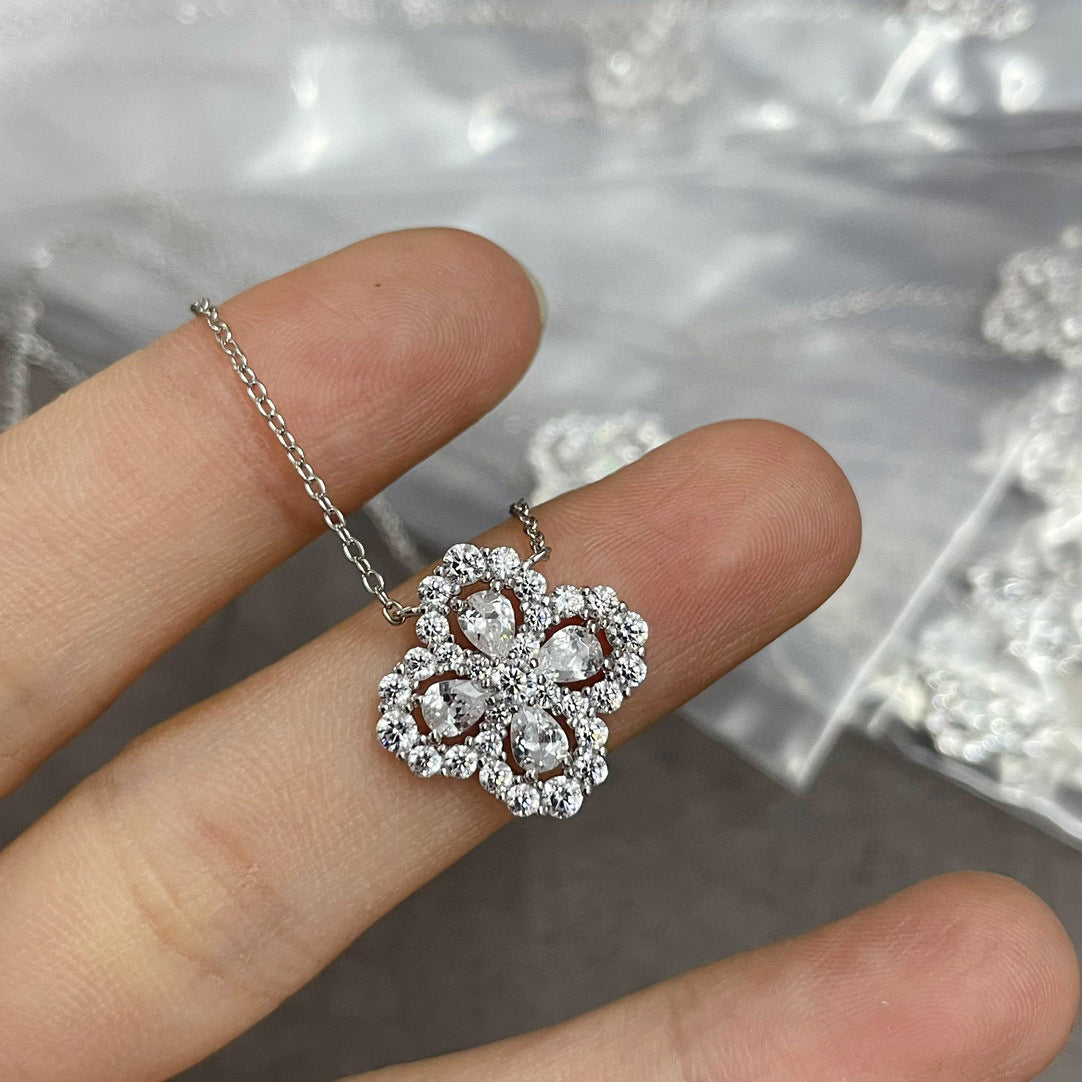 CrownJewel Flower pendant with diamonds and 18K white gold plated clavicle necklace