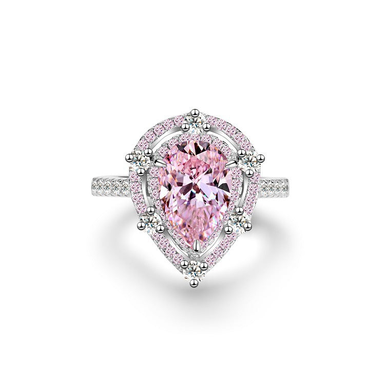 CrownJewel S925 sterling silver ring for women pink gemstone water drop full diamond crystal zircon full diamond ring