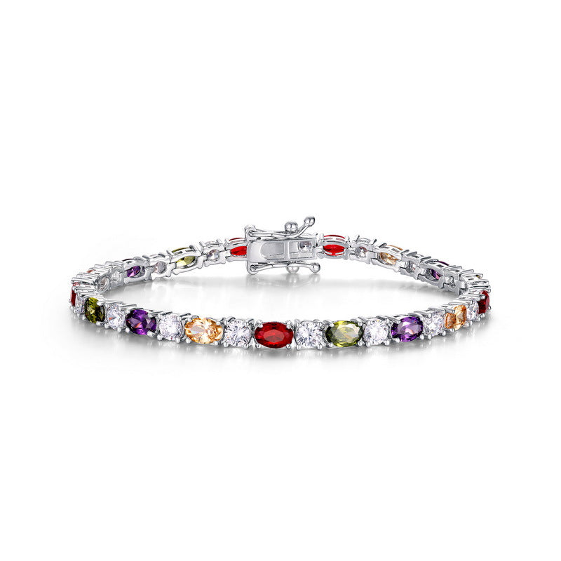 CrownJewel New Rainbow Zircon Bracelet S925 Sterling Silver Claw-set Egg-shaped Colorful Jewelry Retro Fashion Jewelry