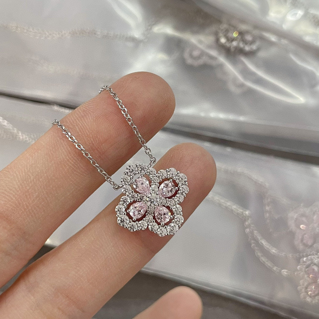 CrownJewel Flower pendant with diamonds and 18K white gold plated clavicle necklace