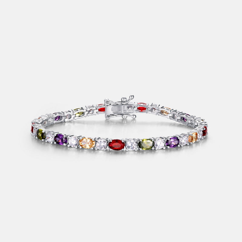 CrownJewel New Rainbow Zircon Bracelet S925 Sterling Silver Claw-set Egg-shaped Colorful Jewelry Retro Fashion Jewelry