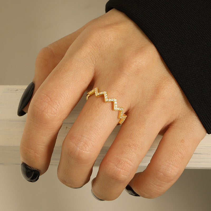 CrownJewel S925 sterling silver plated with 18K gold ECG wave V ring simple and fashionable little finger zircon ring