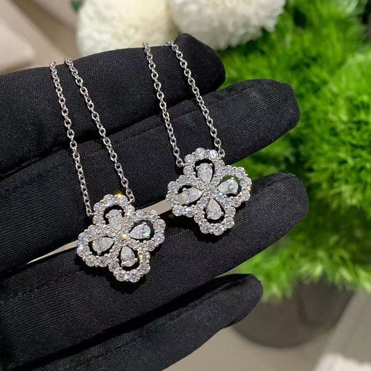 CrownJewel Flower pendant with diamonds and 18K white gold plated clavicle necklace